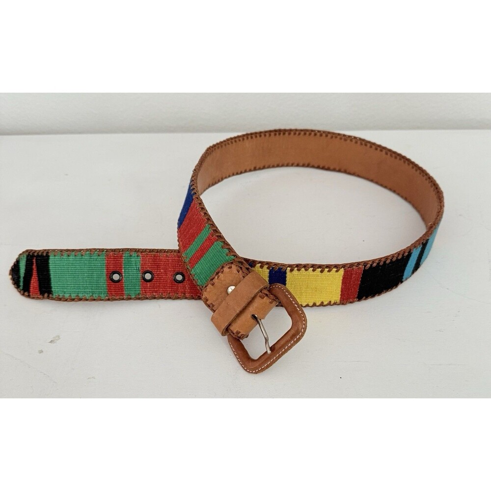 VINTAGE Guatemalan Belt Med Colorful Woven Boho Hippie Ethnic Leather 36” Long